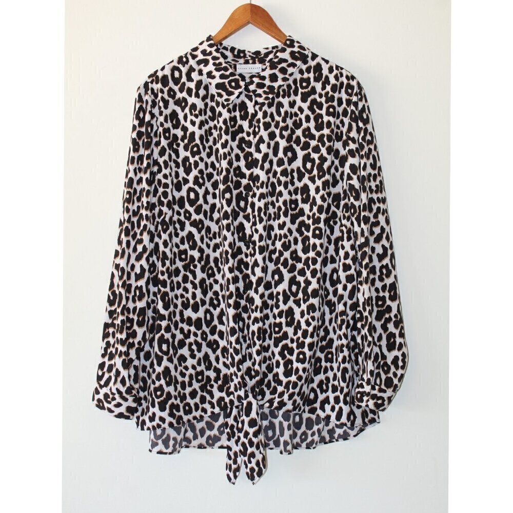 Susan Graver Jaguar Animal Print Blouse Size 22W Top Tie gem Button front casual